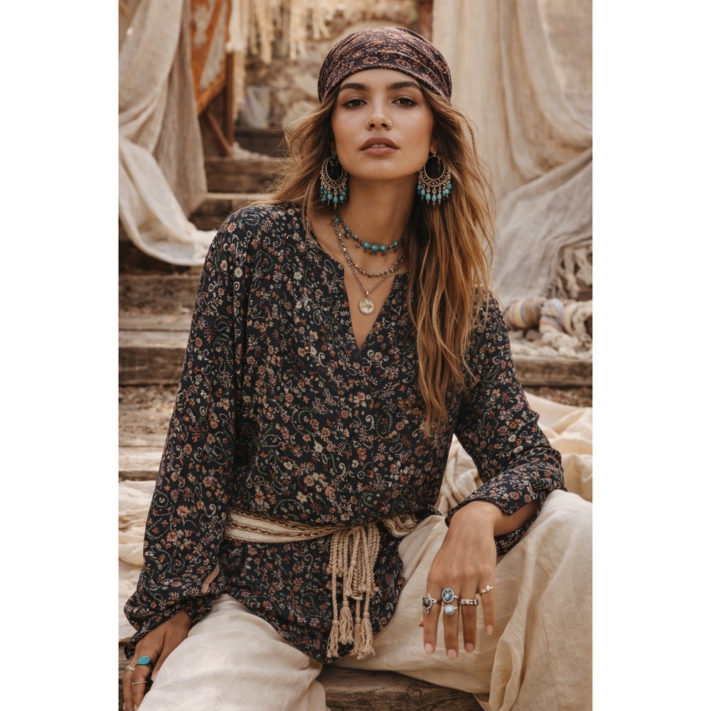 Christopher & Banks Boho Floral Paisley Long Sleeve Split Neck‎ Tunic Top Sz XL